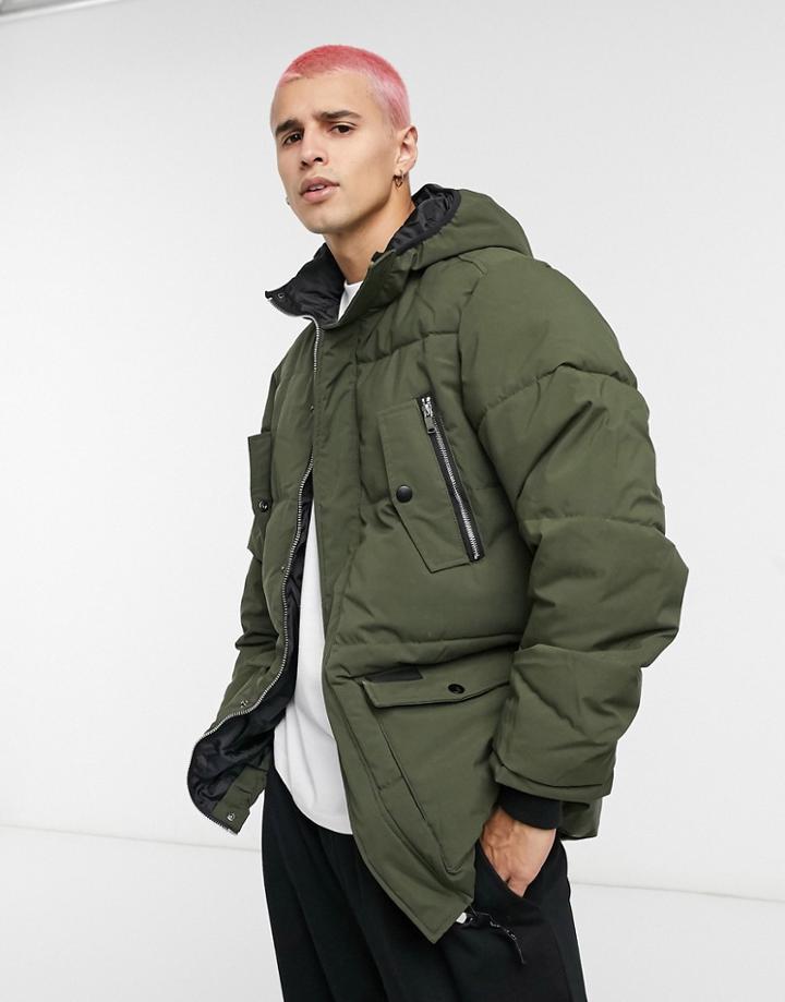 Sixth June Longline Puffer Jacket In Khaki-white