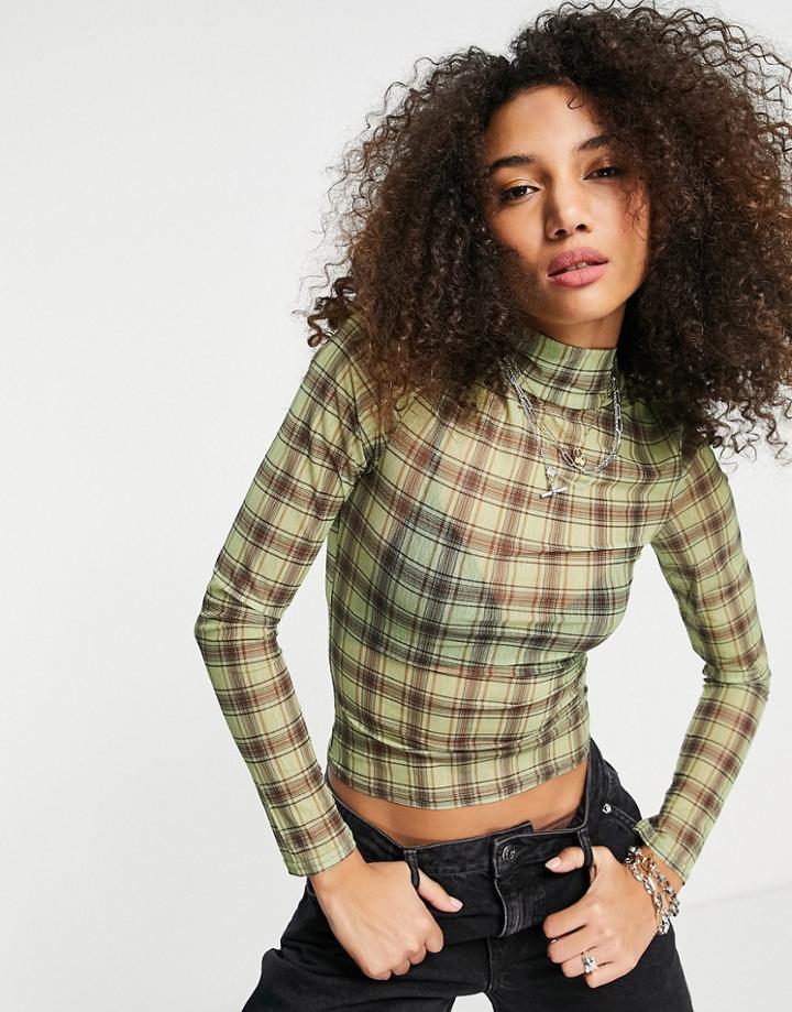 Emory Park High Neck Shrunken Top In Grunge Check-green