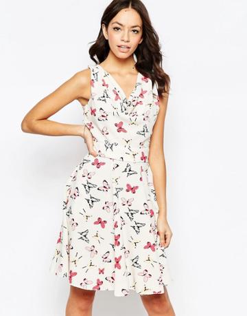 Closet Blu Cowl Neck Dress In Butterfly Print - Cream