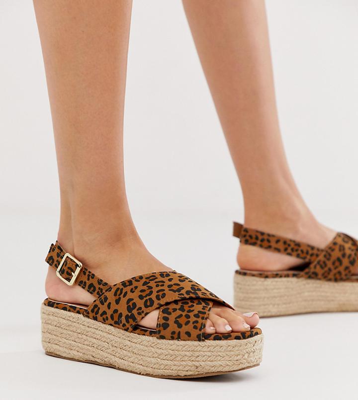 New Look Suedette Cross Strap Flatform In Animal Print-stone