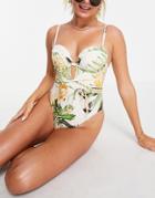 River Island Tropical Floral Plunge Swimsuit In Cream-white