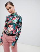 Monki Roll Neck Floral Print Jersey Top In Blue - Multi