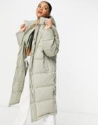 Missguided Hooded Longline Padded Jacket In Stone-green