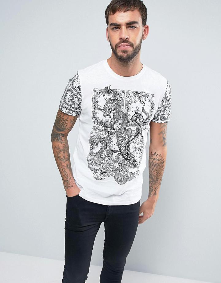 Brave Soul Dragon Print T-shirt Pocket - White
