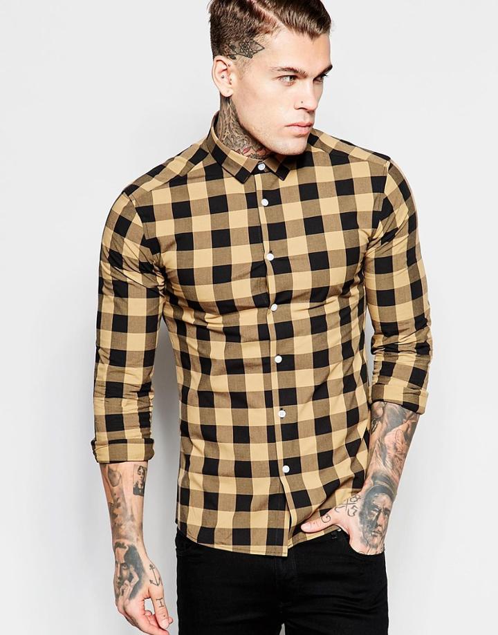 Asos Skinny Shirt In Camel Buffalo Plaid - Camel