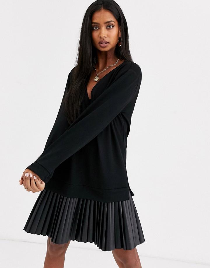 Asos Design Sweat Dress With Leather Look Pleated Hem