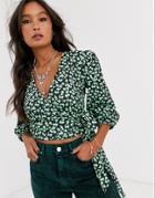 Asos Design Wrap Top With Volume Sleeve In Ditsy Print