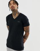 Diesel Logo V-neck T-shirt In Stretch Cotton Black - Black