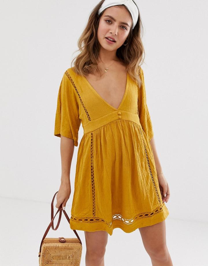 Asos Design Slubby Mini Dress With Ladder Trims-yellow