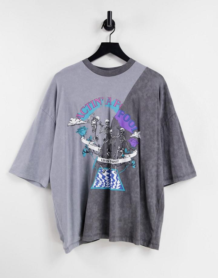 Asos Design Oversized T-shirt In Gray & Black Color Block With Skeleton Print-multi