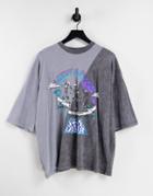 Asos Design Oversized T-shirt In Gray & Black Color Block With Skeleton Print-multi