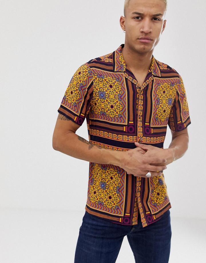 Asos Design Regular Fit Paisley Printed Shirt In Mustard & Navy - Yellow