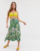 Asos Design Mirrored Botanical Print Pleated Midi Skirt-multi