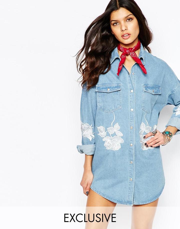 Liquor & Poker Oversized Denim Tunic Shirt Dress With Floral Embroidery - Blue
