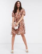 Object Organza Smock Dress With Puff Sleeves In Brown Floral-blues