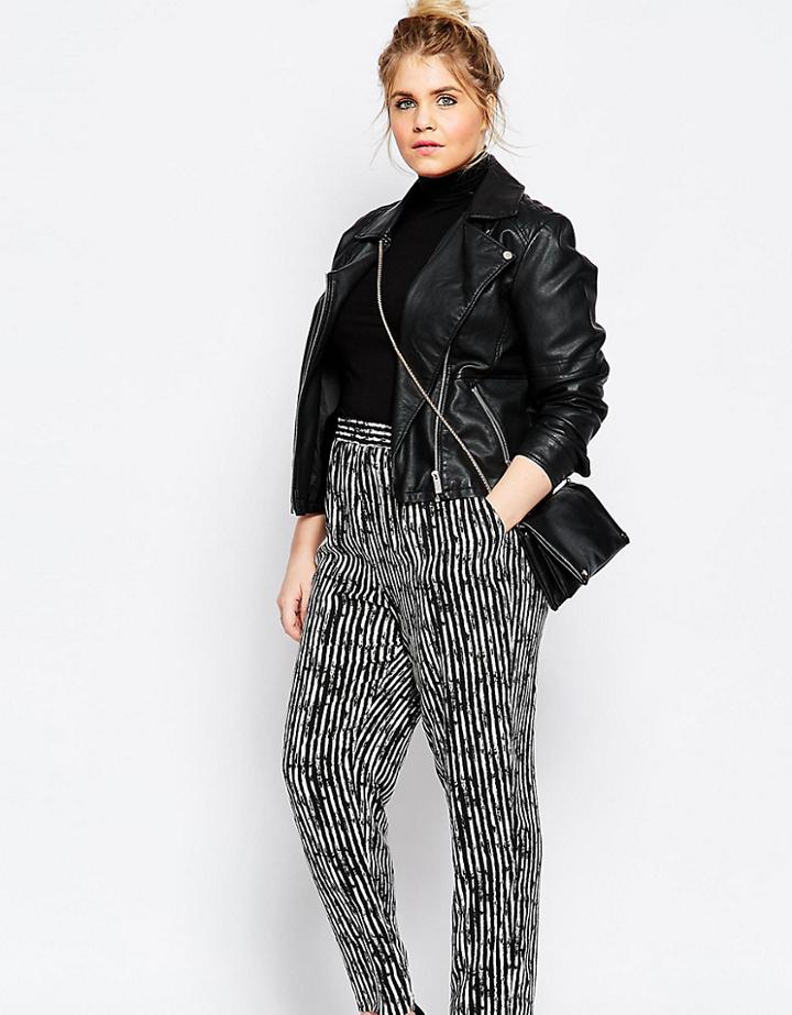 Asos Curve Woven Tapered Peg Pant In Mono Stripe Print - White
