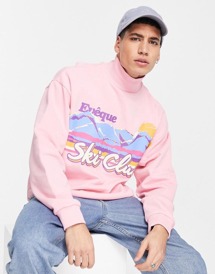 Asos Design Oversized Sweatshirt In Washed Pink With Ski Scenic Print-navy