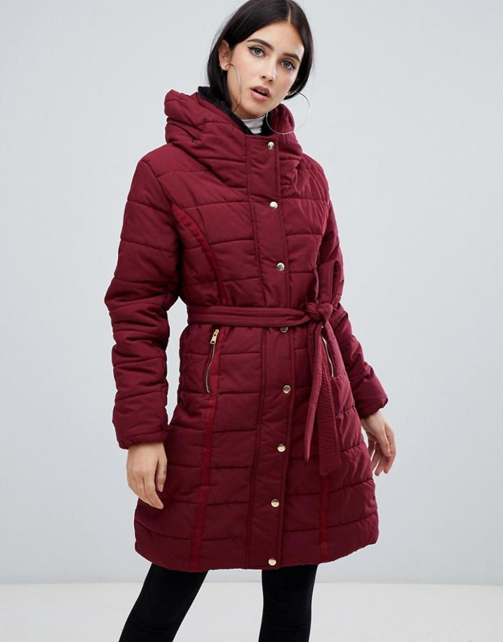 Ax Paris Belted Padded Jacket With Faux Fur Lining - Purple
