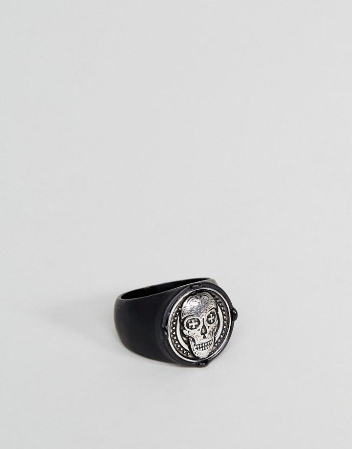Icon Brand Skull Signet Ring In Matte Black - Black