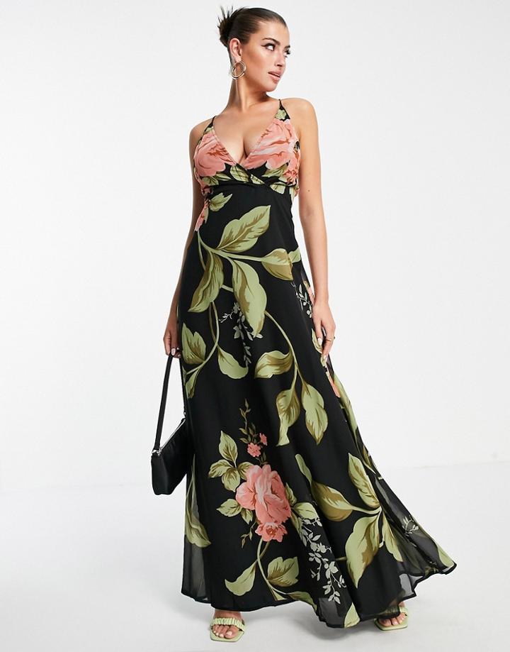 Asos Design Cami Wrap Maxi Dress With Lace Up Back In Large Floral Print-multi