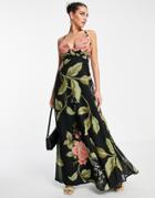 Asos Design Cami Wrap Maxi Dress With Lace Up Back In Large Floral Print-multi