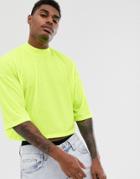 Asos Design Oversized Crop T-shirt With Mid Sleeve And High Neck In Neon Yellow