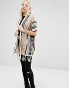 Brave Soul Printed Tassel Hem Knitted Kimono - Cream