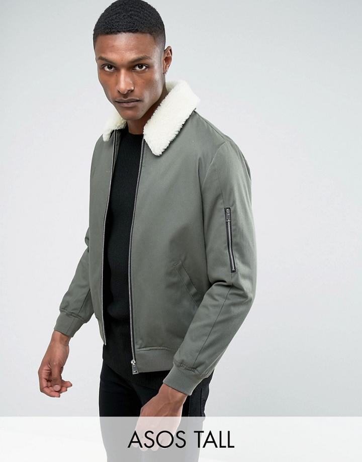 Asos Tall Cotton Bomber Jacket With Fleece Collar In Khaki - Green