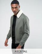 Asos Tall Cotton Bomber Jacket With Fleece Collar In Khaki - Green