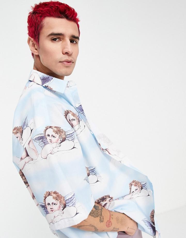 Asos Design Boxy Oversized Shirt In Cherub Print-blue