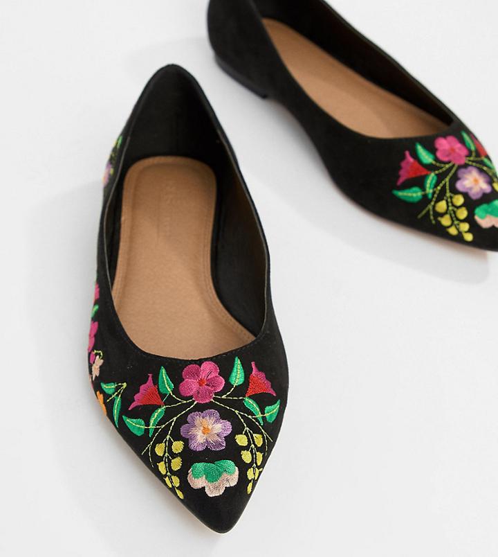 Asos Design Lantana Wide Fit Embroidered Pointed Ballet Flats - Black