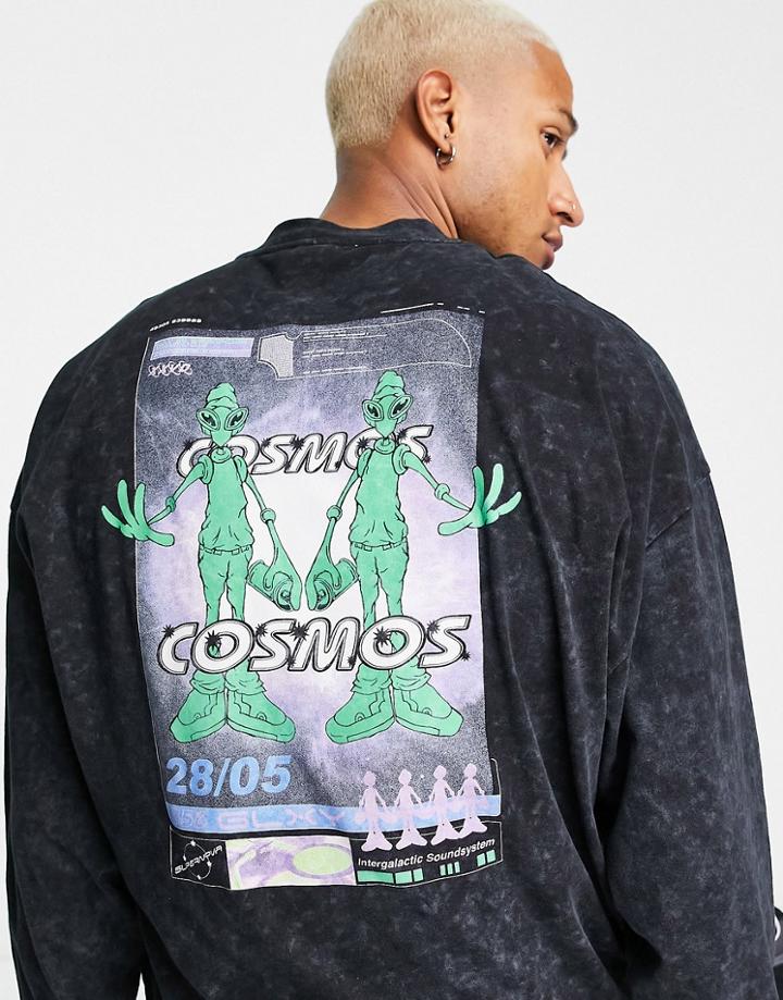 Asos Design Oversized Long Sleeve T-shirt In Acid Wash With Alien Graphic Back Print-black