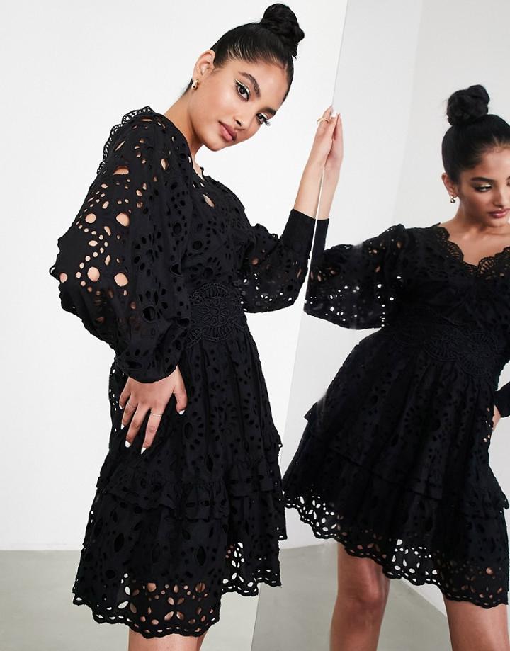 Asos Edition V Neck Broderie Mini Dress With Puff Sleeves In Black