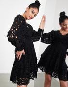 Asos Edition V Neck Broderie Mini Dress With Puff Sleeves In Black