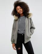 Asos Padded Bomber Jacket With Faux Fur Hood - Green
