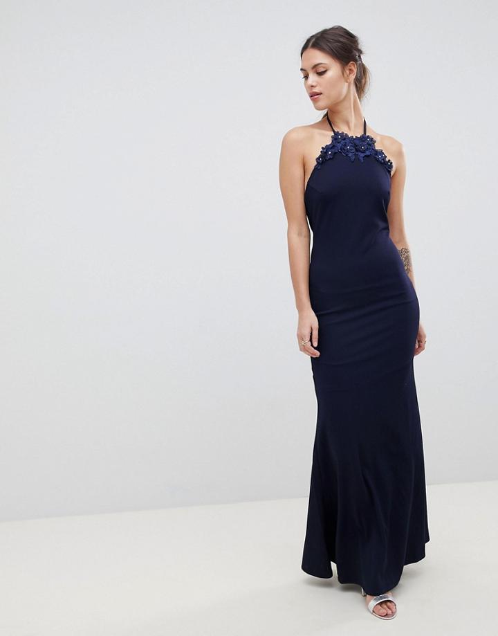 City Goddess Halter Neck Maxi Dress With Flower Detail-navy