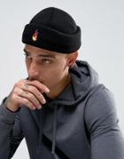 Asos Mini Fisherman Beanie In Black With Fire Embroidery - Black