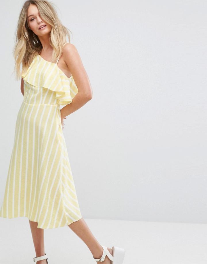 New Look One Shoulder Frill Sleeve Midi Dress - Yellow