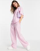 Monki Maddy Wide Leg Pants In Pink Check Set