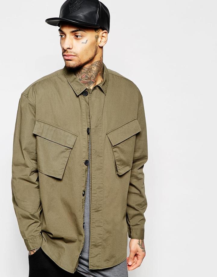 Asos Military Shirt With 2 Pockets In Long Sleeve - Khaki