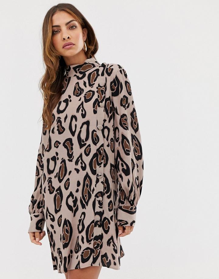River Island Swing Dress With High Neck In Leopard Print - Multi