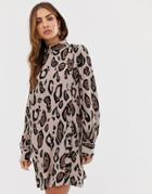 River Island Swing Dress With High Neck In Leopard Print - Multi