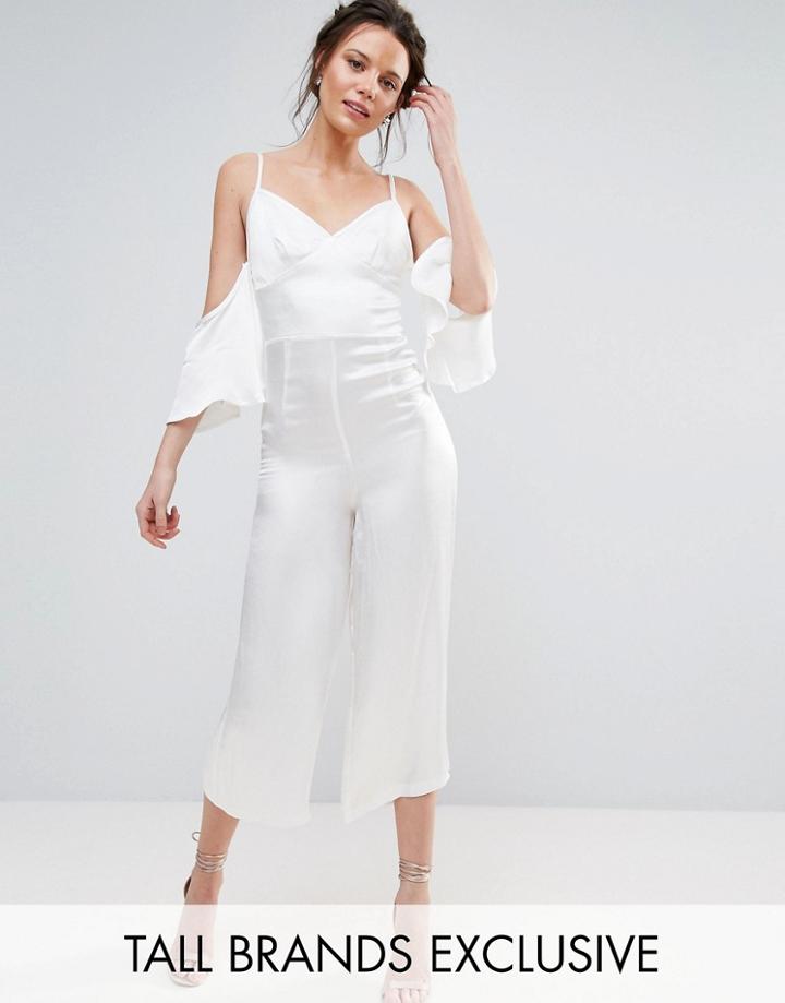 True Decadence Tall Silky Cold Shoulder Culotte Jumpsuit - White
