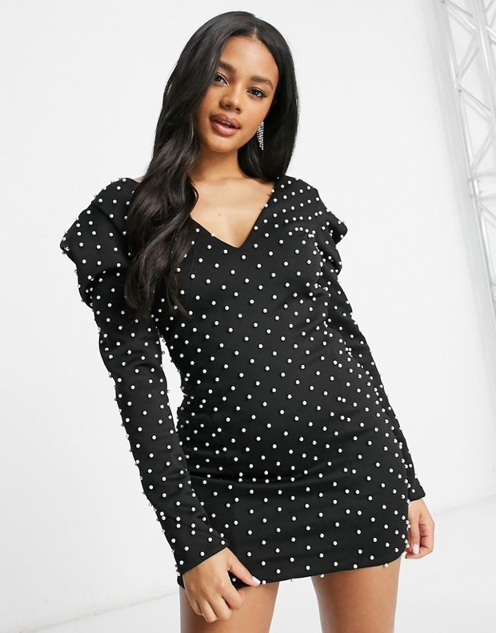 Asos Design Padded Shoulder Open Back Mini Dress With Pearl Embellishment In Black