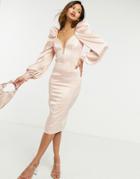 Asos Design Long Sleeve Quilted Satin Plunge Wired Body-conscious Midi Dress In Pale Pink