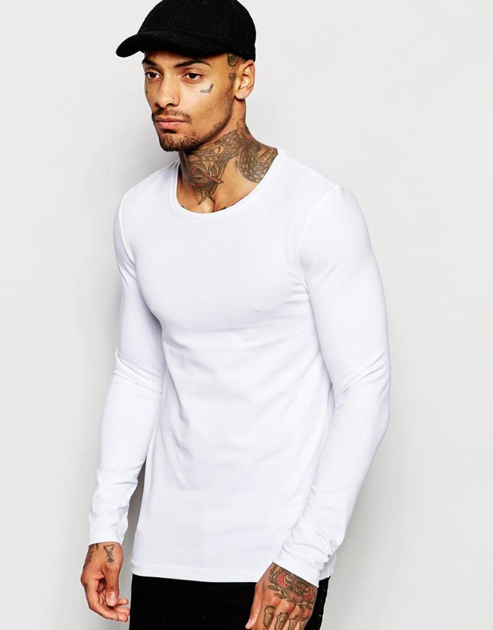 Asos Extreme Muscle Long Sleeve T-shirt With Crew Neck - White