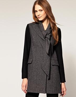 French Connection Bow Collar Tweed Coat With Contrast Sleeve