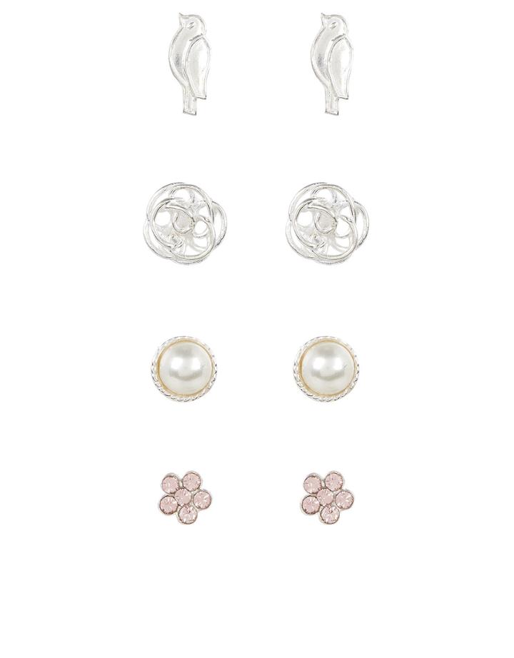 Accessorize Sterling Silver 4 X Pearl Flower Bird Stud Earrings