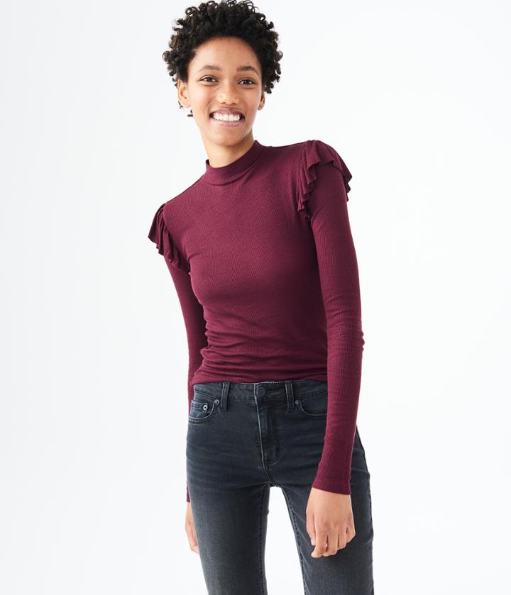 Aeropostale Aeropostale Long Sleeve Ruffled Mock-neck Top - Bold Burgundy, Xsmall