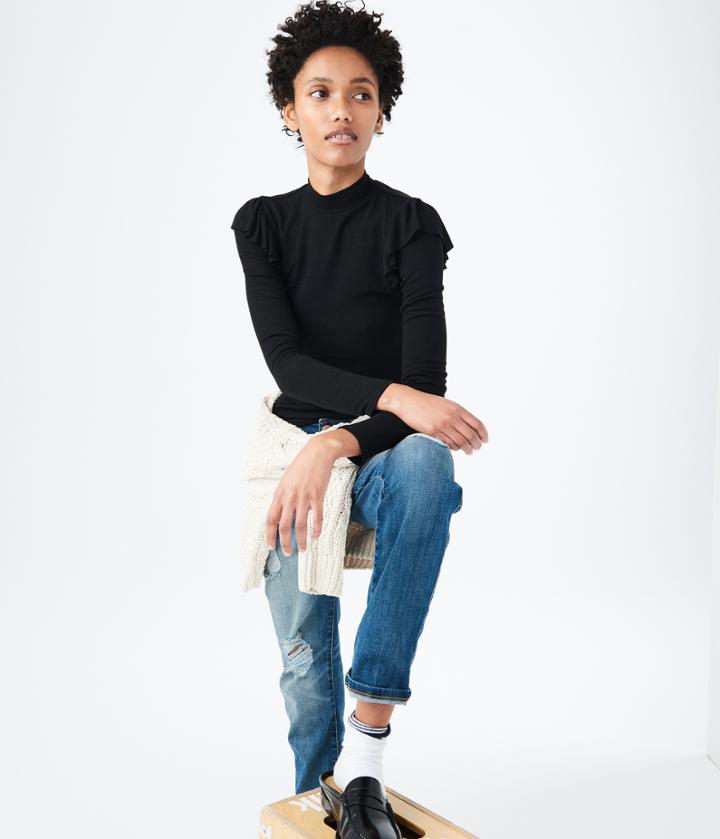 Aeropostale Aeropostale Long Sleeve Ruffled Mock-neck Top - Black, Xsmall